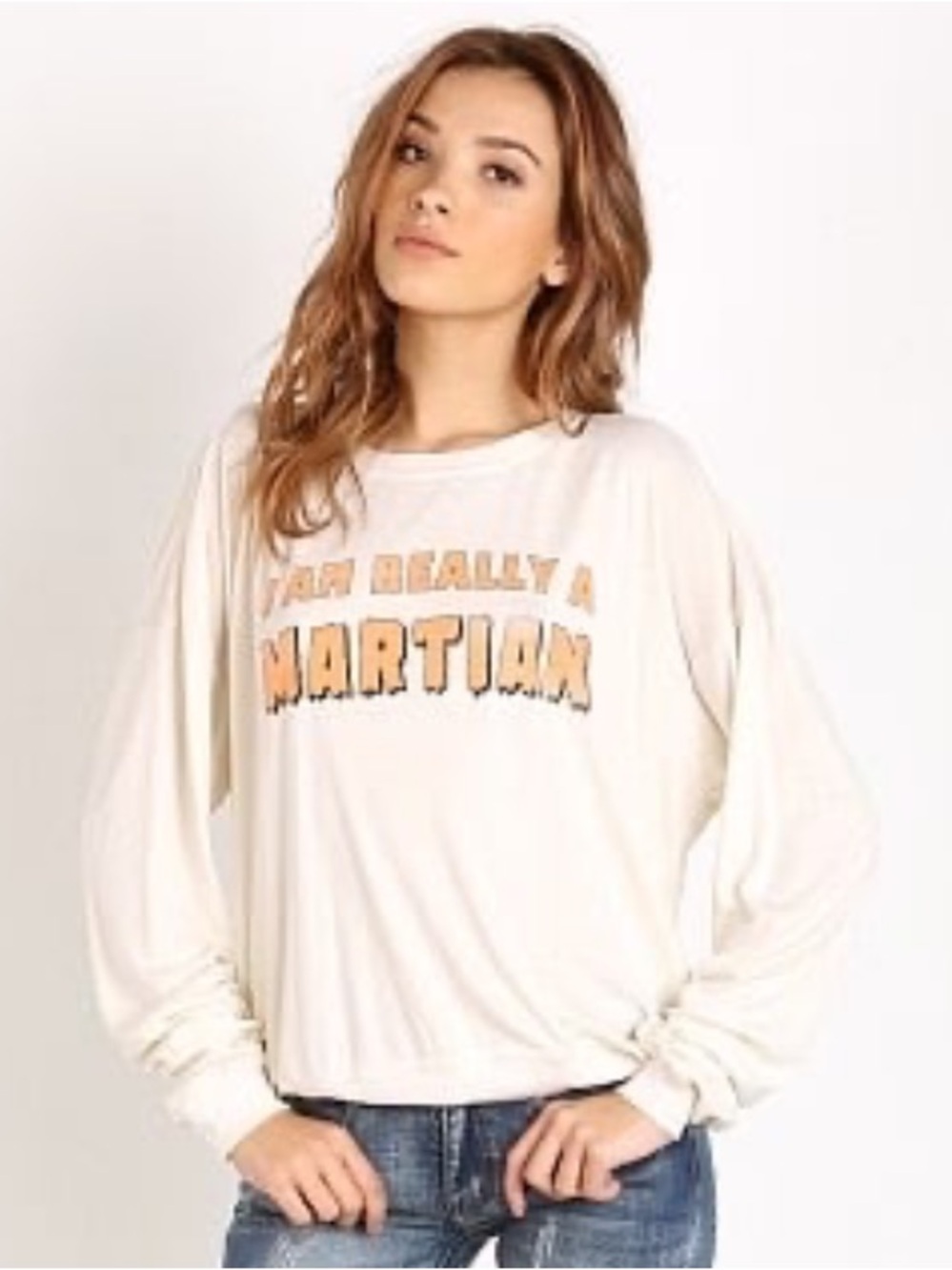 Wildfox Cream Graphic Sweatshirt with Orange “I AM REALLY A MARTIAN”